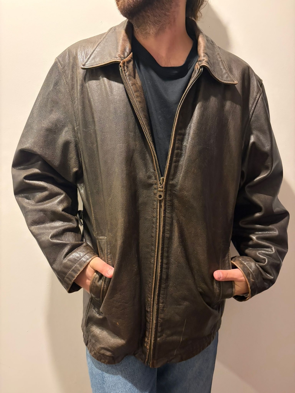 Men's Vintage Brown Leather Zip Bomber Jacket